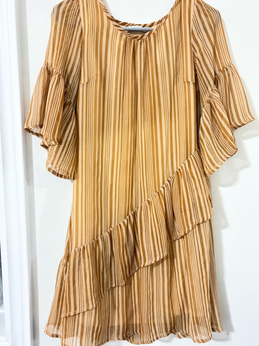 Women’s Striped Ruffle Shift Dress - Mustard